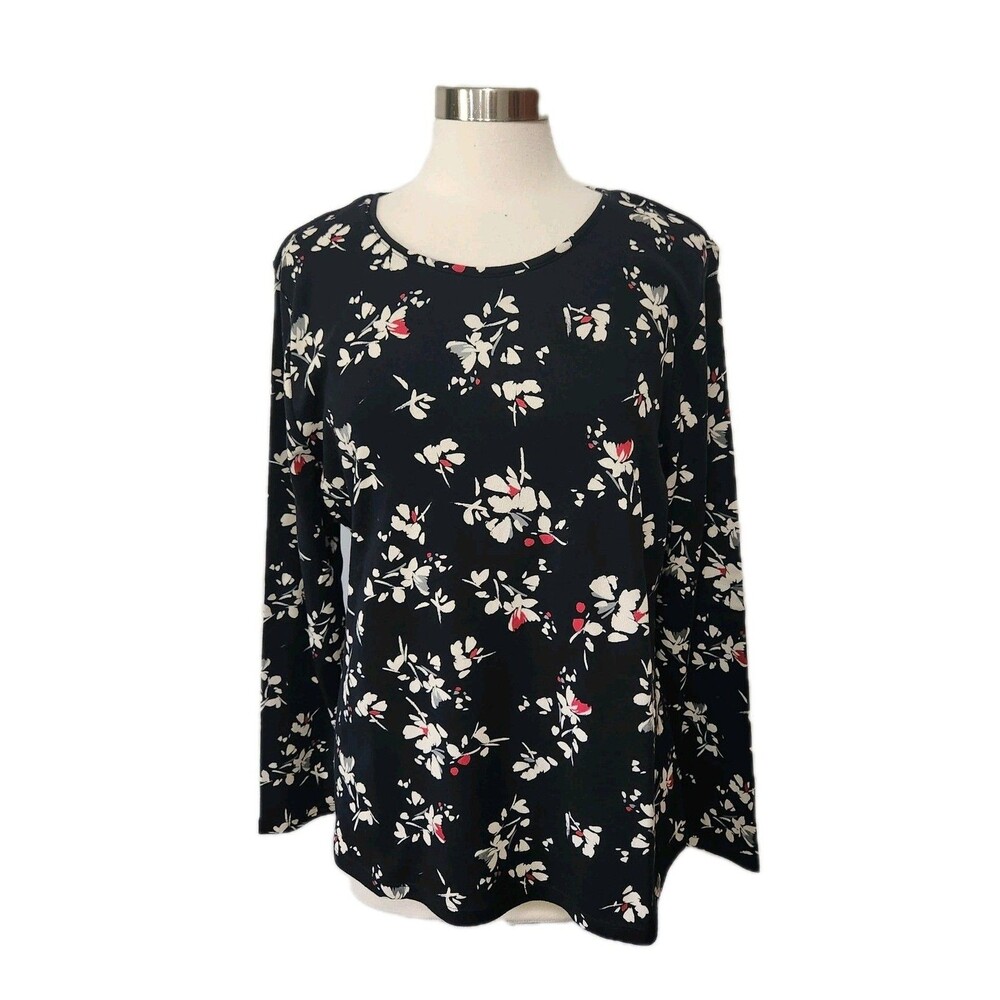 Charter Club Womens XXL Top Black Floral Long Sleeve Stretch Knit Pullover 2XL